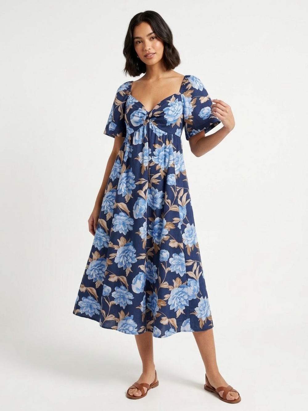 Abercrombie & Fitch Midi Dress Floral Tiered Flutter Sleeve Navy